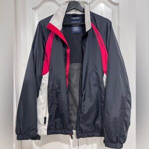Men's Nautica Windbreaker Raincoat Jacket Hidden Hood Red Blue Cream